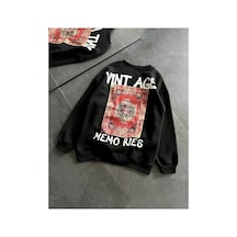 Kadın Bisiklet Yaka 3 İplik Pamuklu Baskılı Oversize Sweatshirt - Siyah