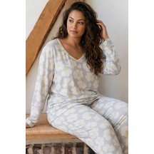 Siyah İnci Desenli Büyük Beden Battal Boy Viskon Örme Pijama Takım 26224845 Çok Renkli