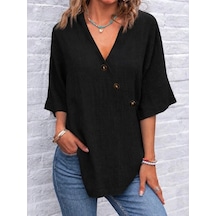 Defymoda Kadın Kısa Kollu V Yakalı Düğmeli Bluz Siyah
