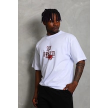 Unisex Oversize Baskılı Bisiklet Yaka T-shirt - Beyaz