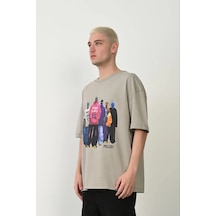 Barlashive Erkek Baskılı T-shirt Kısa Kol Bisiklet Yaka Rahat Kalıp Tişört - Boyalı Gri Çok Renkli