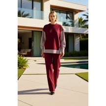 Benerly Kadın Alt Üst Oversize Rahat Kesim Örme Sweatshirt Ve Geniş Paça bordo