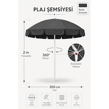 Antrasit Plaj Şemsiyesi 200 Cm Çap/10 Telli, Eğim Verilebilir