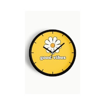 Modern Yazılı Papatya Tasarım - '' Good Vibes '' Duvar Saati - 30cm - Önü Camlı Siyah Kasa-jh0814 Siyah