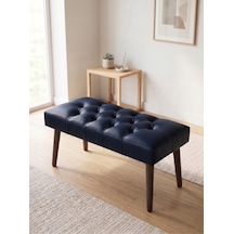 Modern Kapitoneli Lacivert Deri Kumaş Bench Puf Oturma Bankı Ahşap Ceviz Ayaklı Demonte 90x45