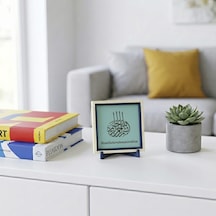 Besmele-i Şerif Modern Dekoratif Obje, Turkuaz Deri Ve 10x10 Cm Minyatür Tasarım, Ev & Ofis İçin