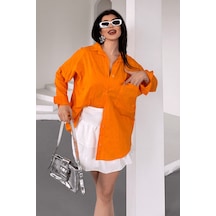 Paw Garage Kadın Marlot Turuncu Oversize Keten Gömlek, 2025 Summer Collection Turuncu