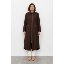 Bihan Store Kadın Hakim Yaka Fermuarlı Uzun Kap Y26-26051 - Kahverengi Kahve