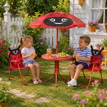 Uğur Böceği Çocuk Bahçe Masa Sandalye Ve Şemsiye Seti 2 Sandalye+1 Masa+1 Adet Şemsiye Kırmızı