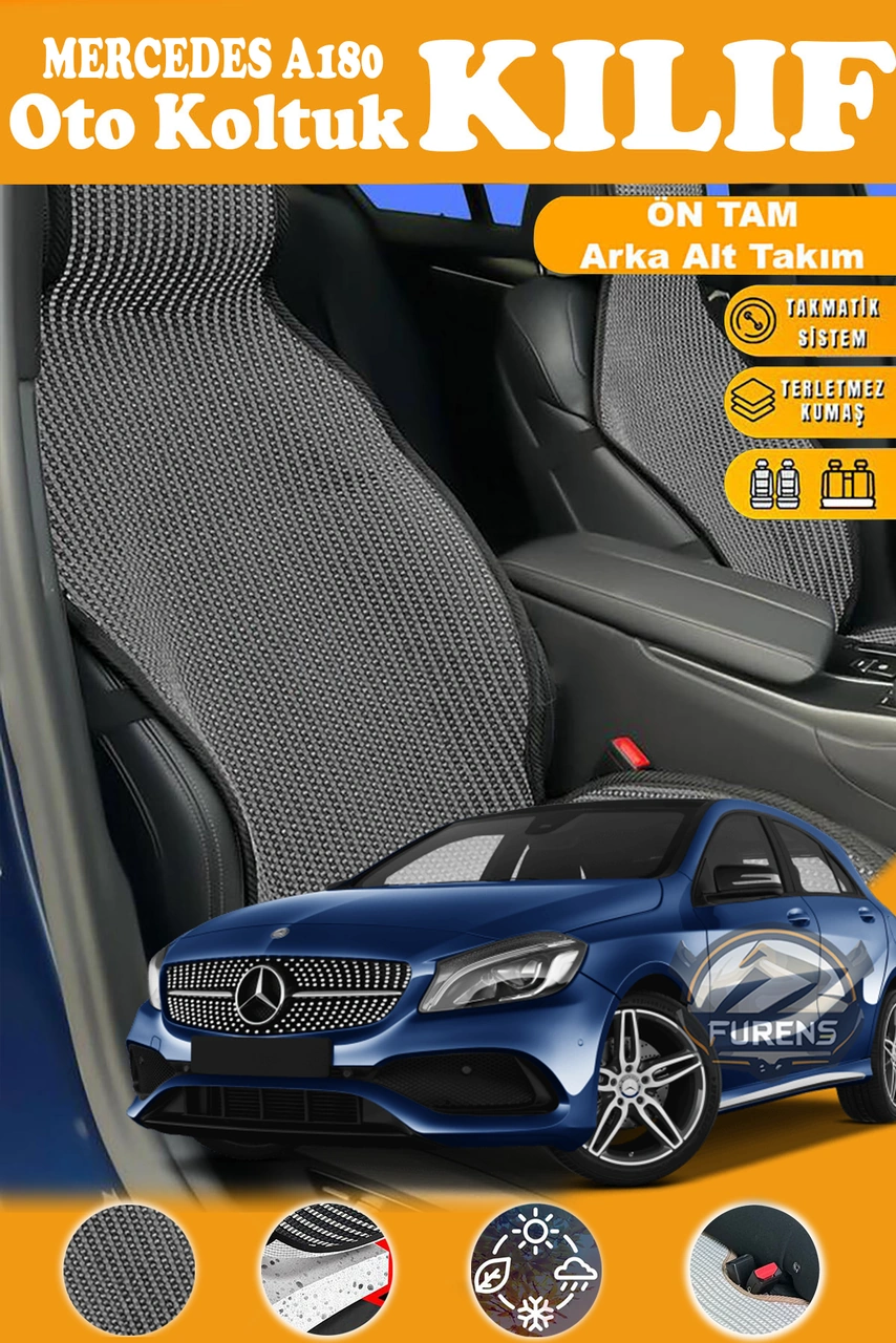 Mercedes A180 Uyumlu Siyah Prestij Serisi Dokuma Kumaş Oto Koltuk Kılıfı Ön Tam Arka Alt