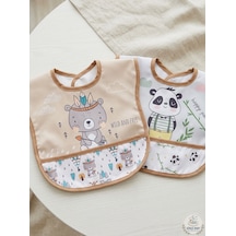 Set Kısa Kollu Bağlamalı Ayarlanabilir Sıvı Geçirmez Aktivite ve Mama Önlüğü Kızılderili & Panda Çok Renkli 2'li