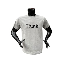 Satranç Think Yazı Baskılı At Ve Kale Baskılı %100 Pamuk Regular Fit Bisiklet Yaka Gri T-shirt Gri
