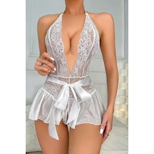 Lisinya Beyaz Dantel İşlemeli Özel Bölgesi Açık Kurdelalı Body Beyaz