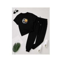 Herkesemoda Ay Güneş Baskı Detaylı T-shirt Eşofman Takımı Siyah