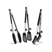 Springsun 3 Parça 30cm Paslanmaz Çelik Mutfak Kelepçesi, Silikon Uçlu Izgara, Makarna Ve Salata Bufetleri İçin Siyah
