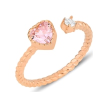 Gümüş Rose Pembe Taşlı Kalp Modeli Ayarlamalı Yüzük