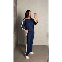 Defymoda Kadın Uzun Kollu Kolu Tül Yanları Şerit Detay Modal Ikili Takım Mavi
