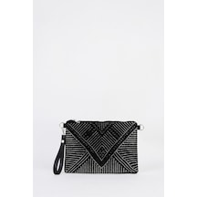 Vivaq Kadın Geometrik Gümüş Taşlı Süet Bilek Askılı Ve Zincir Askılı Portföy El Ve Clutch Çanta SİYAH