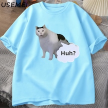 Flood Of Style Huh Kedi Komik Meme T Shirt Erkek Kadın Absurd Weirdcore T-shirt Rahat Yuvarlak Boyun Pamuk K Mavi