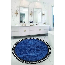 Nova Lacivert Yuvarlak 120x120 Cm Ponpon Saçaklı Kaymaz Tabanlı Lacivert