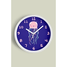 Sevimli Denizanası Çizimli Çocuk Odası Duvar Saati - 35cm - Önü Camlı Beyaz Kasa - Sessiz Mekanizma Beyaz