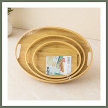 Bezos Oval Bambu Ahşap Tepsi Seti 3'lü 20x29, 26x36, 31x45 Cm Bezos1