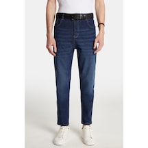 Erkek Straight Fit Bol Kesim Denim Yıkamalı Efektli Esnek Lacivert Jean Kot Pantolon-34088 Lacivert