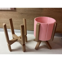 3d Baskı Ayaklı Çizgili Saksı - Bej Standlı Dekoratif Saksı - Pembe