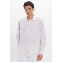 Tudors Erkek Regular Fit Klasik Kesim Oversize %100 Pamuk Keten Doku Bej Gömlek-42663