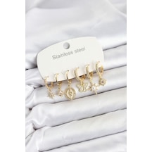 316l Çelik Gold Renk Zirkon Taşlı Charm Detaylı Kadın Küpe Seti Tj-bkp11878 Çok Renkli