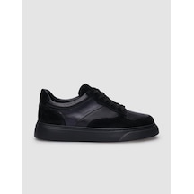 %100 Hakiki Deri Siyah Süet Bağcıklı Erkek Sneaker-siyah Siyah