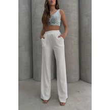 Lesa Wear Yumuşacık Yüksel Bel Geniş Paça Likralı Jarse Pantolon Flared Beyaz