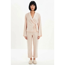 Benerly Kadın V Yaka Standart Kol Relaxed Kalıp Uzun Kollu Dokuma Pijama Pudra