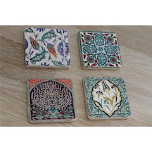 Çini Desenleri Doğal Taş Bardak Altlığı 4'lü Set - Natural Stone Coasters-174231 Çok Renkli
