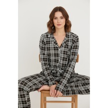 Luxury Viscose Siyah Beyaz Ekose Desenli Kadın Uzun Kollu Pijama Takımı 42575 Gümüş