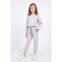 Panios Kids Kız Çocuk Bisiklet Yaka Kısa Kesim Baskılı Çift Cepli Eşofman Takımı Gri