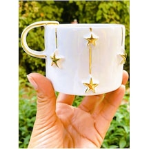 Premium Kalite 24 Ayar Altın Kaplama Yıldız Kabartmalı El Yapımı Mug 220 Ml Christmas Star Beyaz - Çok Renkli