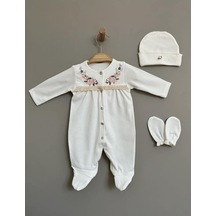 Buse&Eylül Bebe Çiçek Nakışlı Kroşetalı 3 Parça Kız Bebek Tulum-Ekru