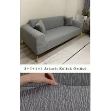 StartMall Jakarlı Çubuk Desen Koltuk Örtüsü 3+3+1+1 Takımı Lastikli Esnek Yıkanabilir Çekyat Kanepe Kılıfı Gri
