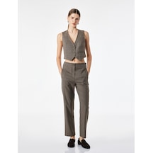 Koton Viskon Karışımlı Slim Fit Düğmeli V Yaka Kolsuz Klasik Yelek Kahverengi Ekose 7wak20141ew