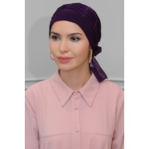 Mürdüm Pratik Hazır Geçmeli Tesettür Bone Sandy Kumaş Incili Pile Mürdüm