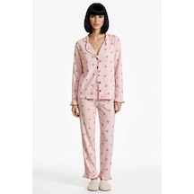 Benerly Kadın Gömlek Yaka Standart Kol Regular Kalıp Örme Pijama Takımı F Pembe