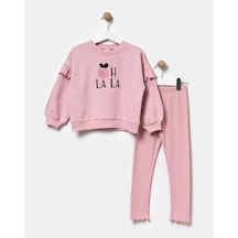 Magu Kız Çocuk Kışlık Pamuklu Fırfırlı Sweatshirt Fitili Tayt Alt-üst Takım Pembe