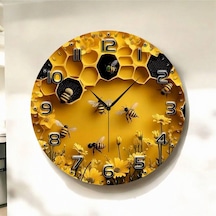 Kabartma Görünümlü Renkli Baskı Arı Desenli Sayılı Hediyelik Ahşap Sessiz Duvar Saati 50cm ÇOk Renkli