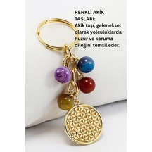 Doğal Taşlı Gold Renkli Metal Yaşam Çiçeği Anahtarlık, Renkli Aki