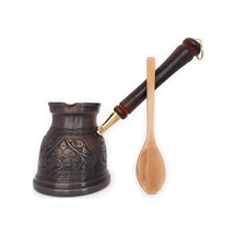 Dede Copper - Ist Serisi Xlarge-16,9 Floz -kalın Katı Bakır Oymalı Türk Yunan Arap Kahve Demliği, Ahşap Saplı Ocak Üstü Kahve Makinesi Cezve, Jezve, Jazz Cazzve, Ibrik, Briki Antik