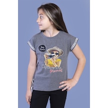 Toontoy Kids Toontoy Kız Çocuk Şerit Detaylı Baskılı Tişört Antrasit