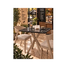 Kalınlaştırmalı Mutfak Cafe Balkon Bahçe Restoran Yemek Masası 70x70 Cappuccino Traverten Kare Metalik Metalik