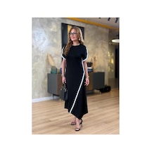 Butik İstanbul Kadın Kısa Kollu Bisiklet Yaka Çift Şerit Renk Detaylı Asimetrik Kesim Viskon Iki Iplik Elbise Siyah