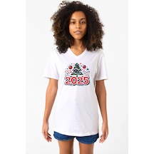 Happy New Year 2025 Essential Beyaz Kadın V Yaka Tshirt Beyaz